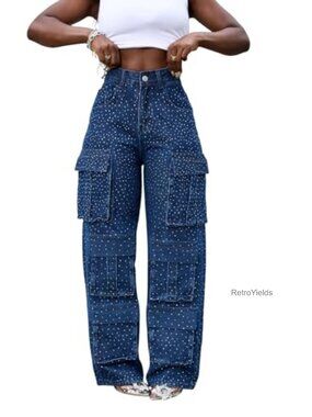 Women's Rhinestone Cargo Jeans High Waisted Straight Leg Denim Pants